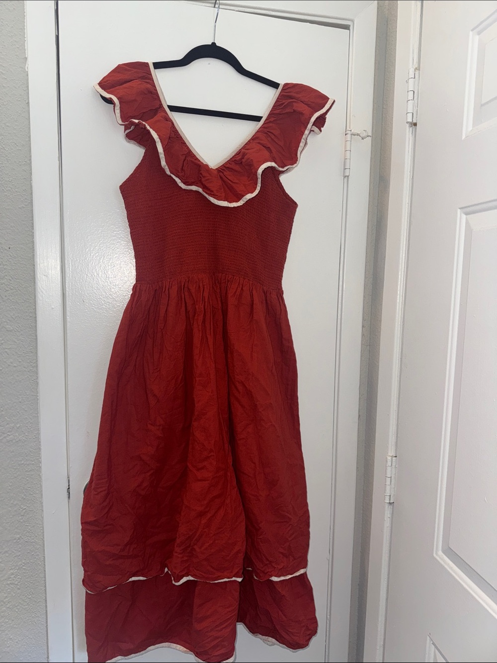 Christy Dawn Rust Red Ruffle Midi Dress